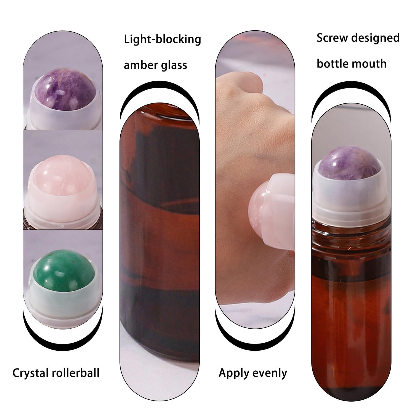 RAMFIYN 1.7oz Large Amber Glass Roll on Bottles for Essential Oils Perfume Refillable Roller Ball Applicator Empty Deodorant Containers with Pink Crystal Rollerball