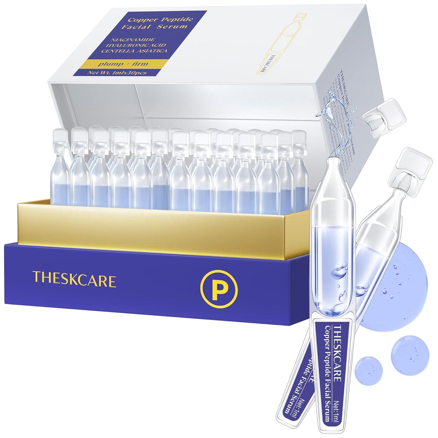 Copper Peptide Serum Ampoule for Face - Hydrating Niacinamide & Hyaluronic Acid | 30 Count