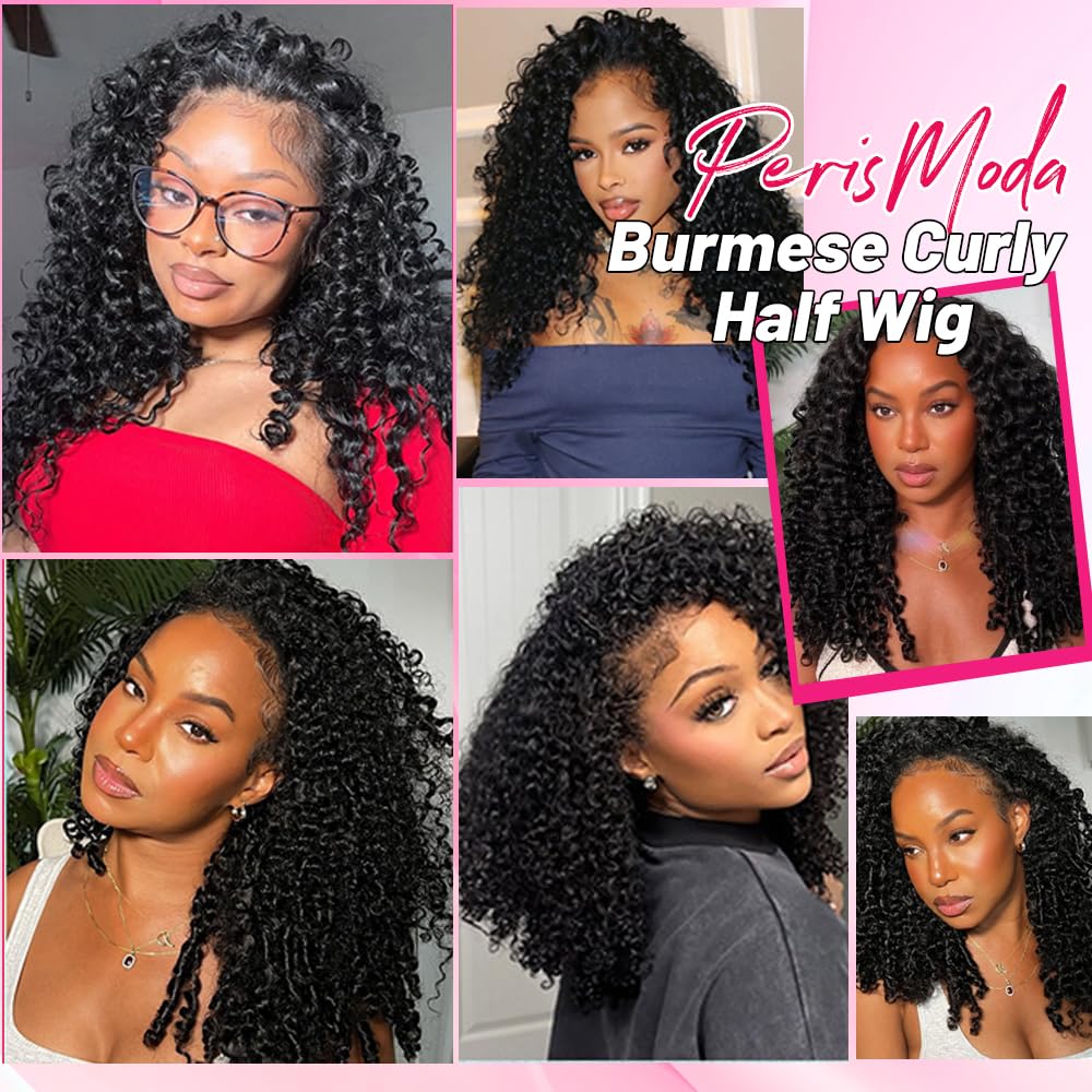 PERISMODA Burmese Curly Half Wig Glueless Wigs Human Hair with Spiral Curly End 200% Density 3 IN 1 Kinky Curly Human Hair Half Wig With Drawstring Seamless Clip Ins Flip Over Natural Color