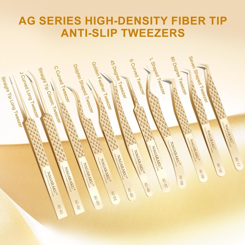 NAGARAKU Precision Fiber Tip Tweezer for Eyelash Extensions Diamond Grip Anti-Static Anti-Slip Premium Stainless Steel Pointed Volume Eyelashes Boot Tweezers with Box(Seven Shaped Tweezer AG-11)