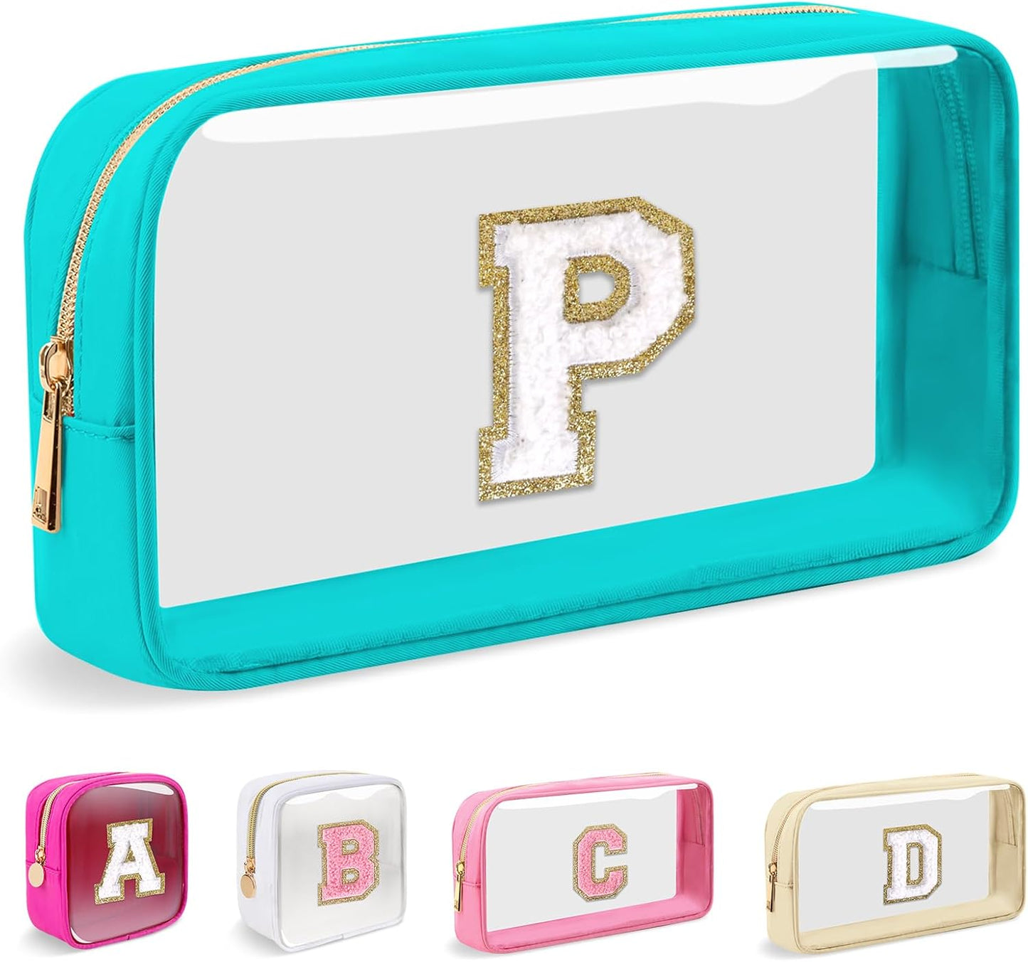 Personalized Initial Makeup Bag - Waterproof Nylon Cosmetic Pouch | A-Z Chenille Letter Patch, White-Pink G