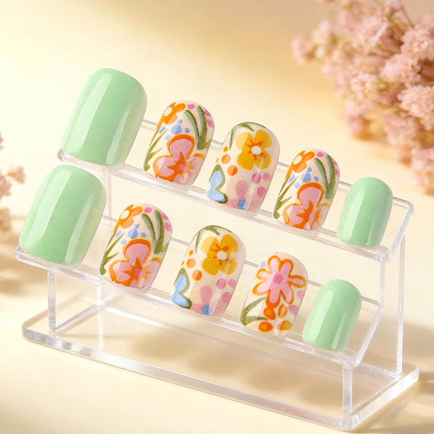Press On Nails - Sage Green Short Square Fake Nails with Floral Design | 24 Pcs Reusable Glossy Artificial Nails for Women