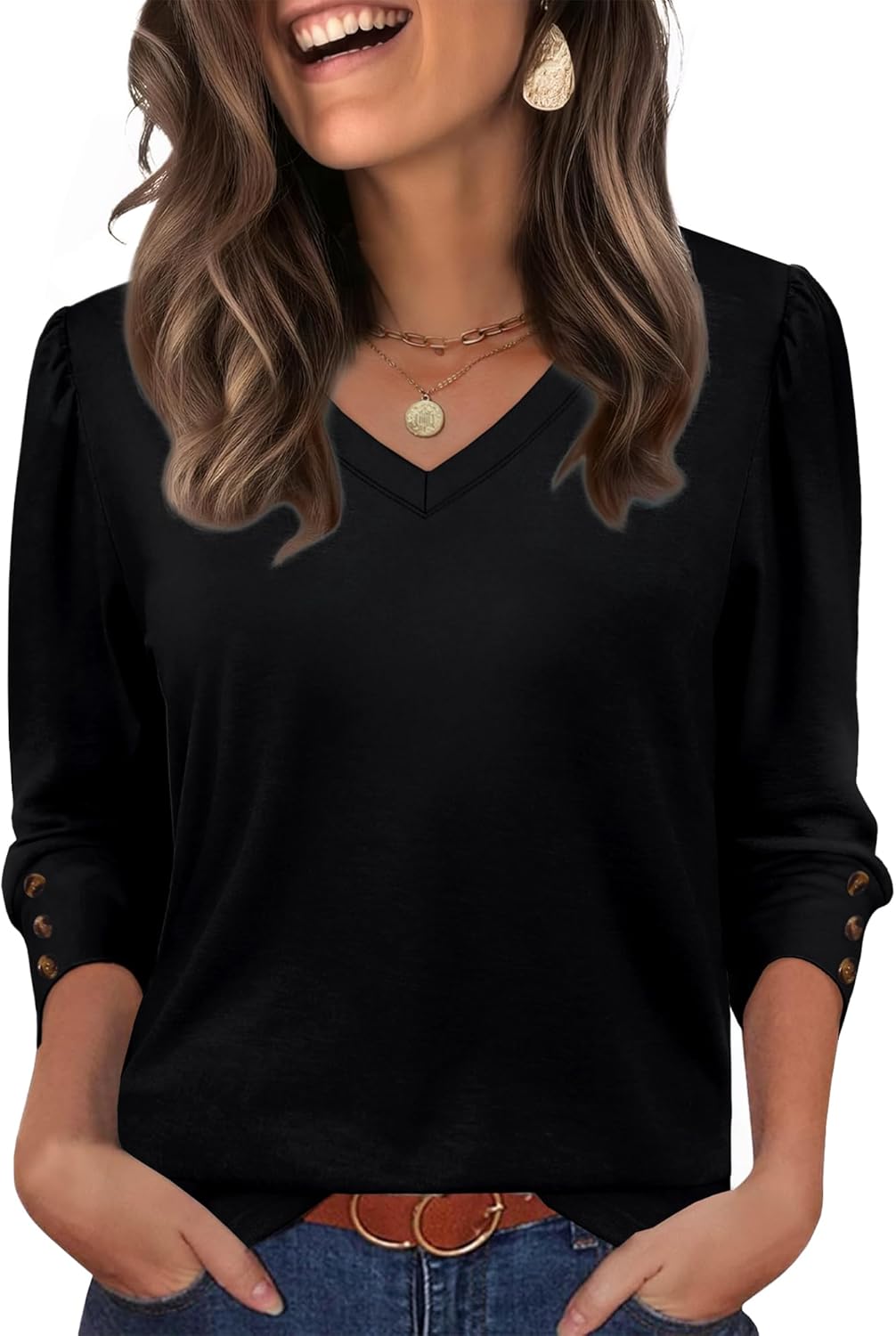 XIEERDUO Women's V-Neck 3/4 Sleeve Casual Blouse - Summer Beach Top | Stylish Fall Outfit