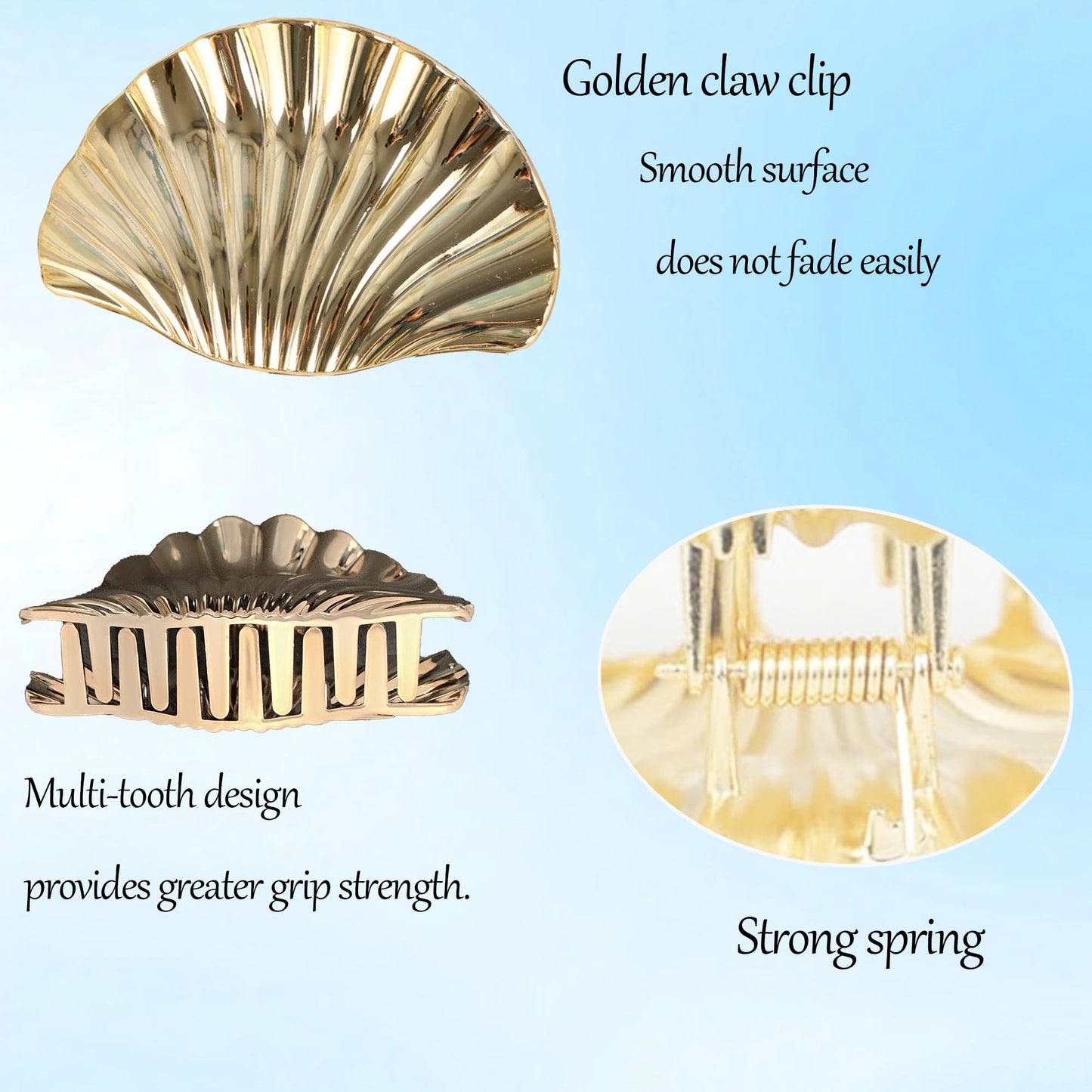 3PCS Seashell Claw Clip for Women 3.74 Inch Gold Shell Claw Clip for Thick/Thin Hair Hawaiian Hair Accessories for Girls, Hawaii Tropical Decor for Summer Beach Vacation (Gold White Blue Gradient)