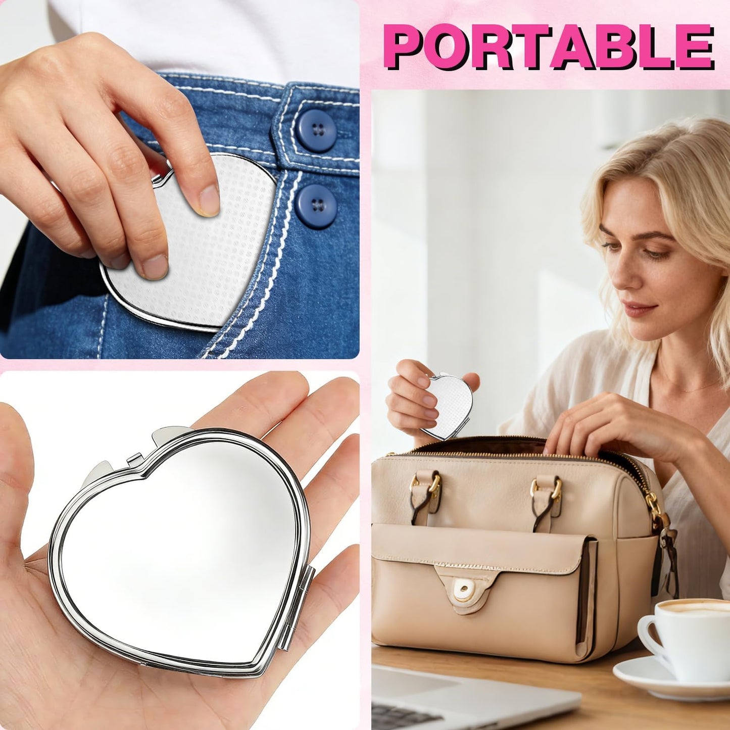 Heart Compact Travel Mirror - Double-Sided Portable Metal Folding Design | Scratch-Resistant, Elegant & Pocket-Sized