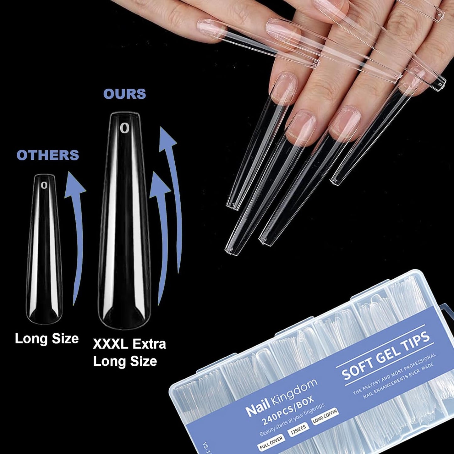 Coffin/Ballerina Clear Press-On Nails - 240 Pcs Gel Nail Tips for Extensions | 3XL Long Size