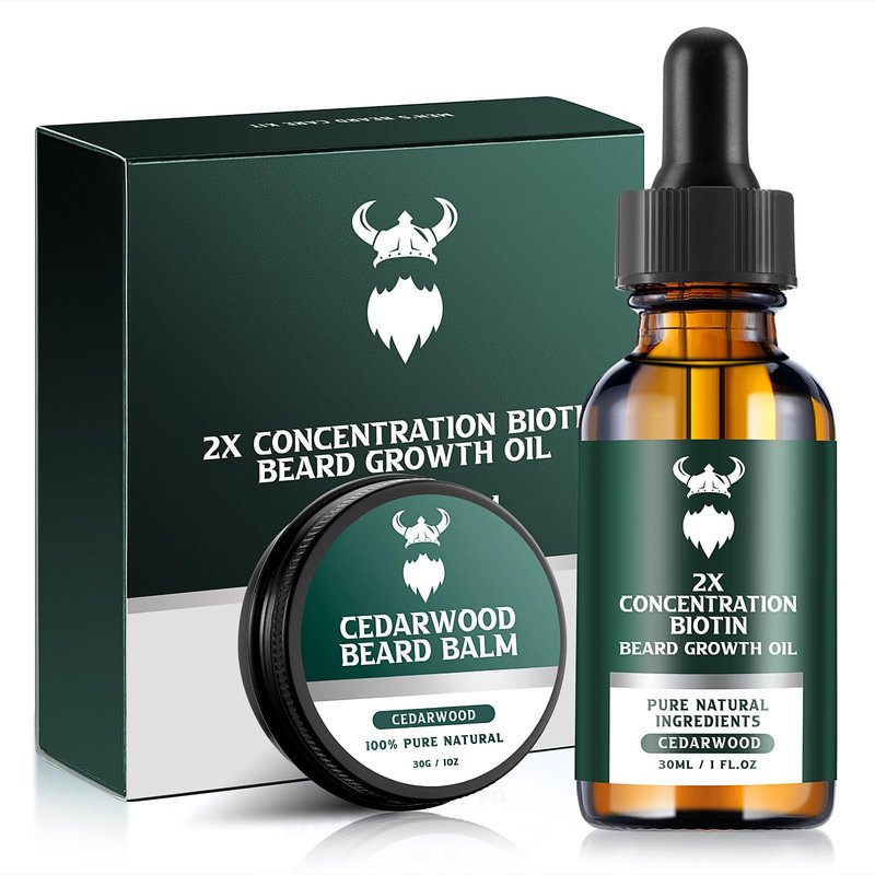 Beard Growth Kit - 2X Concentration Biotin for Men, Natural Argan, Jojoba Oils and Vitamins (Cedarwood)