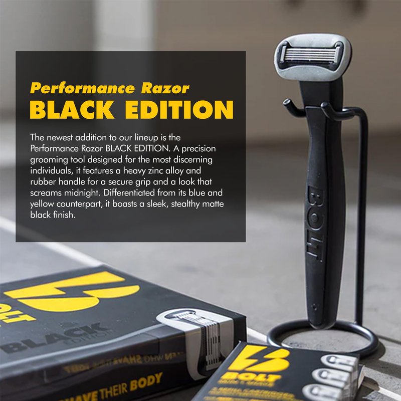 BOLT Skin + Shave - Performance Razor - Black Edition - 5-Blade Swedish Steel - Aloe & VIT E - Zinc Handle - Smooth Shave Kit - 2 Cartridges