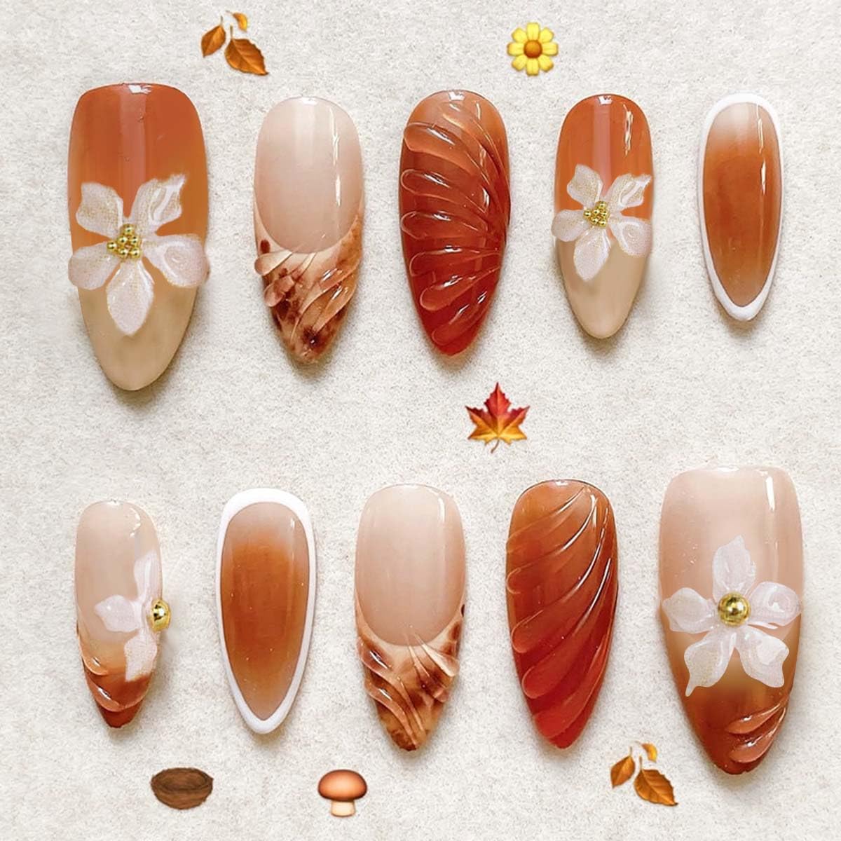 Press-On Almond Nails - Blue & Yellow Fruit Design | Reusable 30-Piece Nail Kit for Spring & Summer Manicure