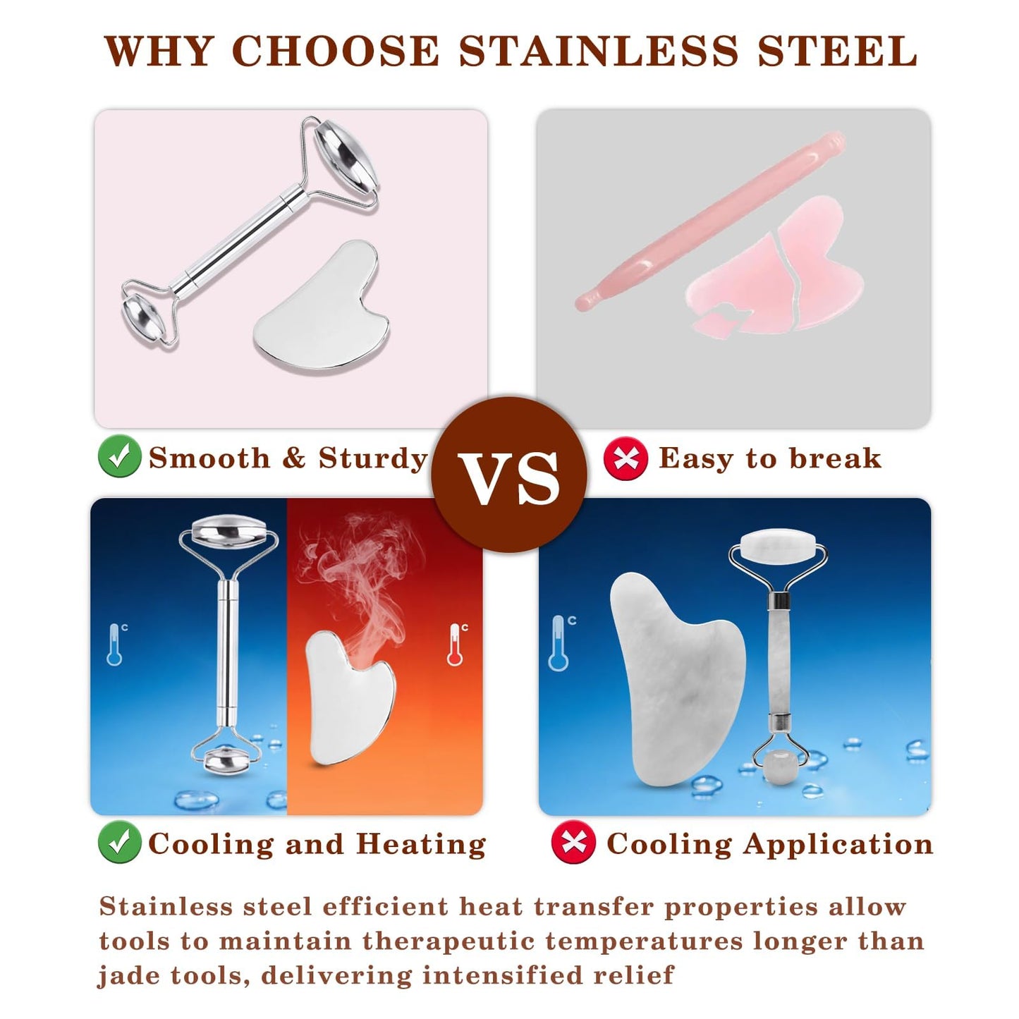 Unfovi Stainless Steel Gua Sha and Face Roller Set Facial Massager Tools, Lymphatic Drainage Massager Metal Gua Sha Skin Self Care Gifts for Women