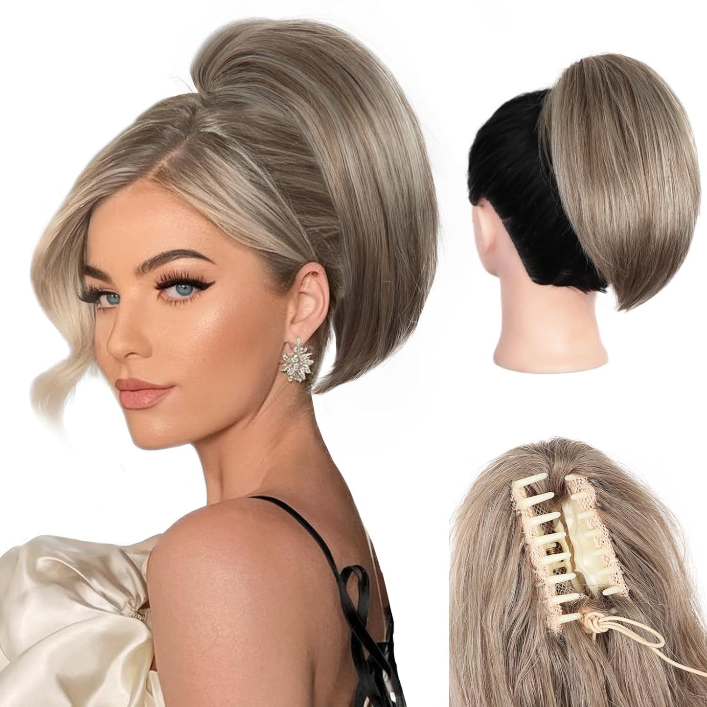 10 Inch Ponytail Extension - Straight Claw Clip Synthetic Hair | Brown with Blonde Highlights