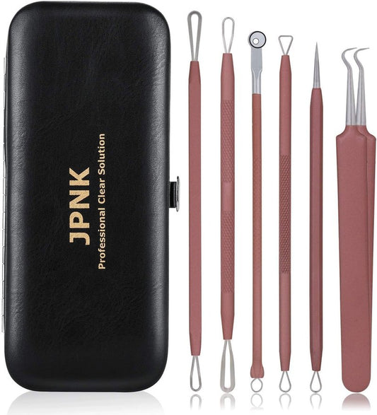 Blackhead Remover Tool Kit - 6 Pcs Comedones Extractor for Acne & Whitehead Removal | Includes Leather Bag (Pink)