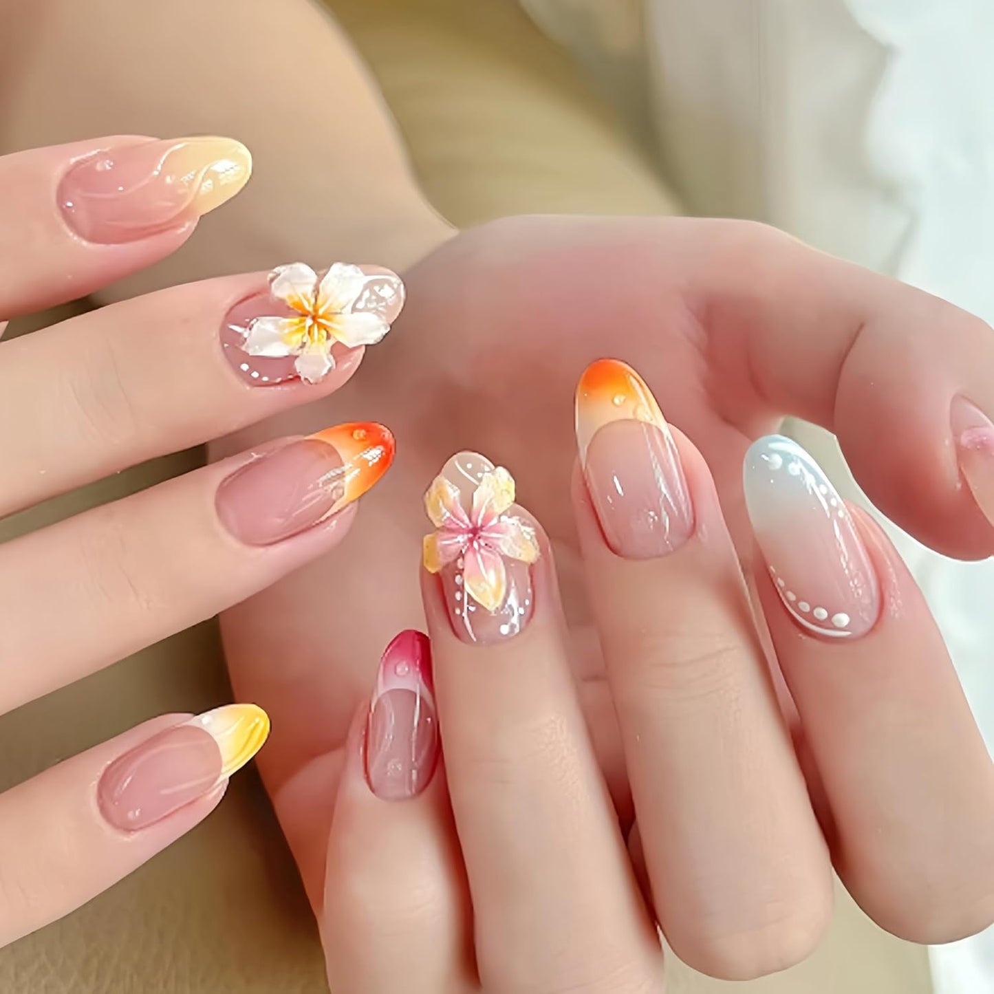 3D Handmade Press-On Nails - Summer Starfish Floral Design | Medium Almond Full Cover Ocean Theme