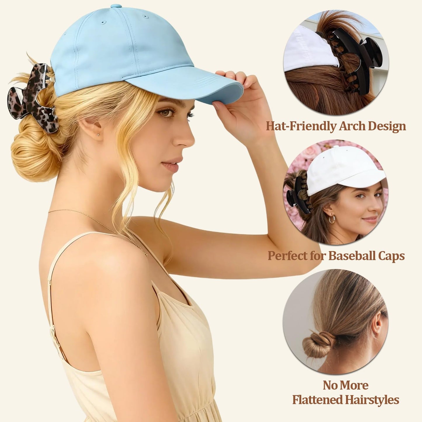 4PCS Large Hat Claw Clip, 5.1" Claw Clip for Hat Designed for Women & Girls,Tortoise Shell Acetate Material,Non-Slip Strong Hold for Thick,Thin,Curly & Long Hair,Stylish Hair Accessories