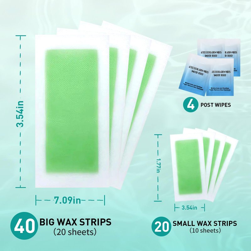 Wax Strips, 60 Pcs Wax Strips For Face & Body, Waxing Strips For Hair Removal At Home For Facial, Arms, Legs, Underarms, Bikini, Back, Women And Men (40*Big, 20*Small，4*Calming Oil Wipes)