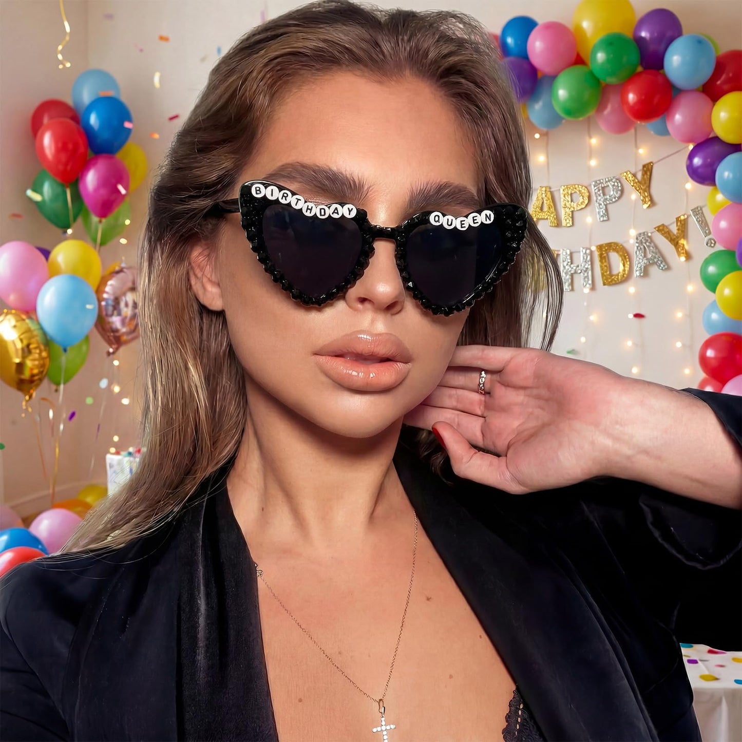 PcwBcn Silver Black Birthday Queen Glasses, Birthday Queen Sash Tiara Crown for Women Girls, 3 Pcs HappyBirth Party Decorations Princess Headband 30th-90th Birth Gifts Hair Accessories