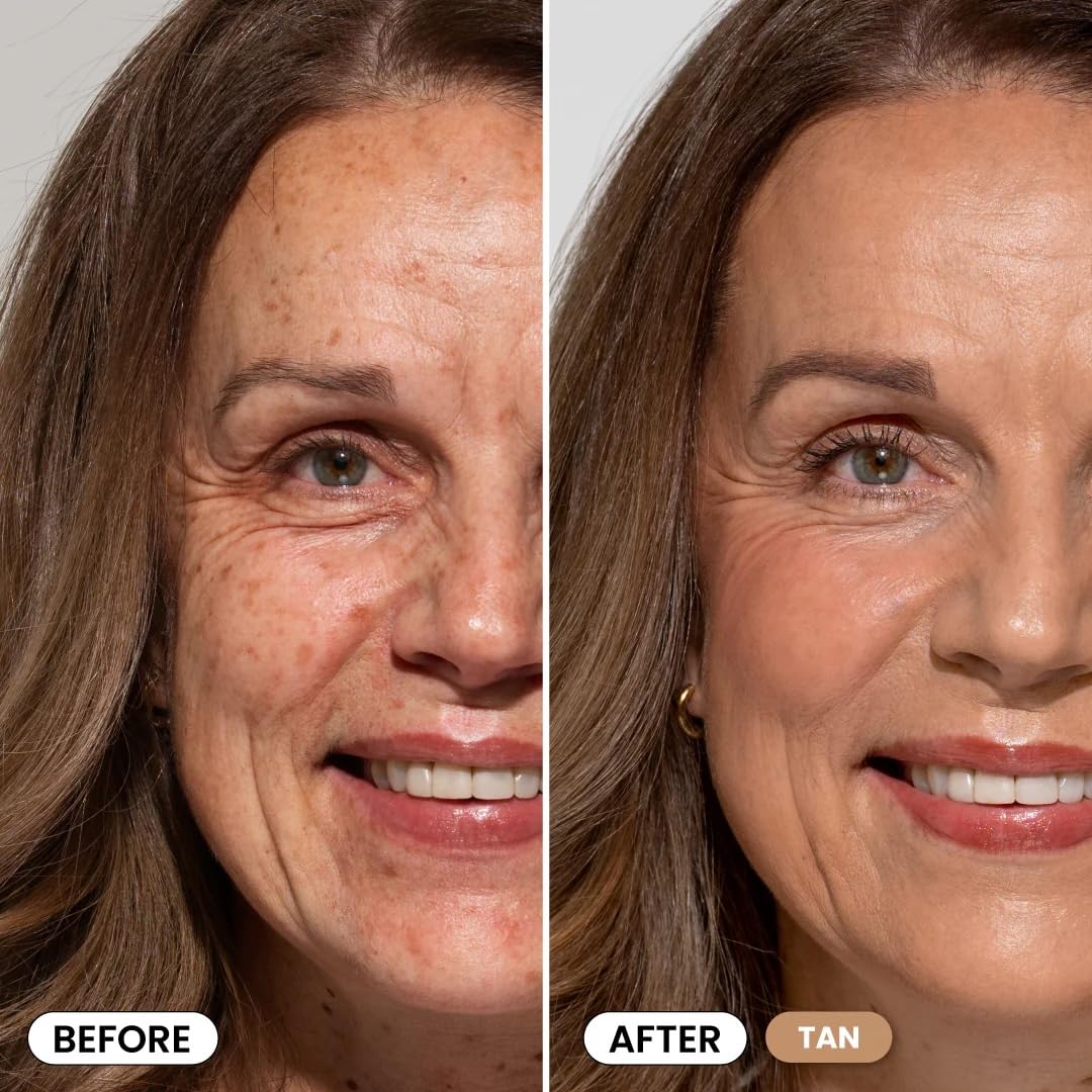 PrimeSkin CC+ Cream for Mature Women - Lightweight Liquid-to-Powder Foundation | Blurs Pores & Covers Age Spots (Tan)