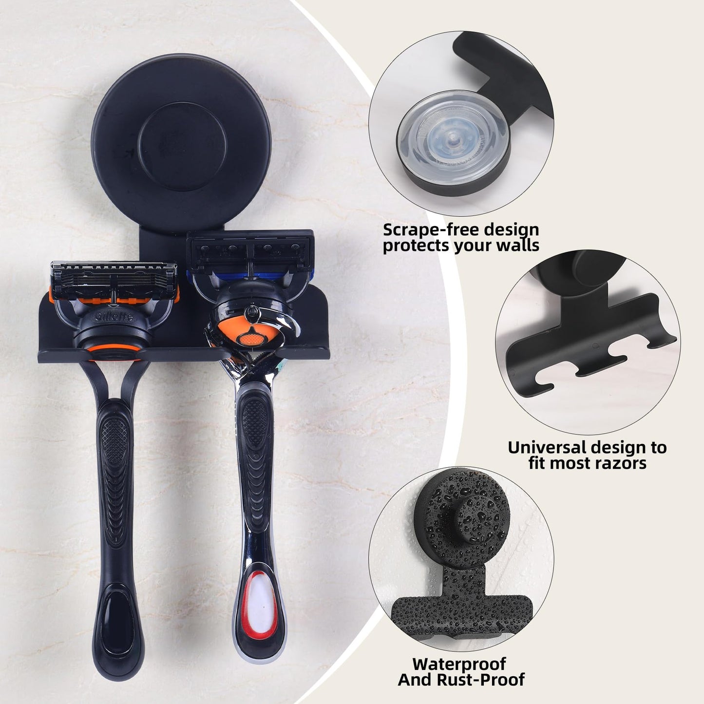 Supopular Suction Cup Razor and Shaver Holder for Shower, Heavy-Duty Stainless Steel No-Drill Bathroom Wall Hook for Towel, Loofah, Damage-Free and Reusable, Easy Install and Remove (2, Matte Black)