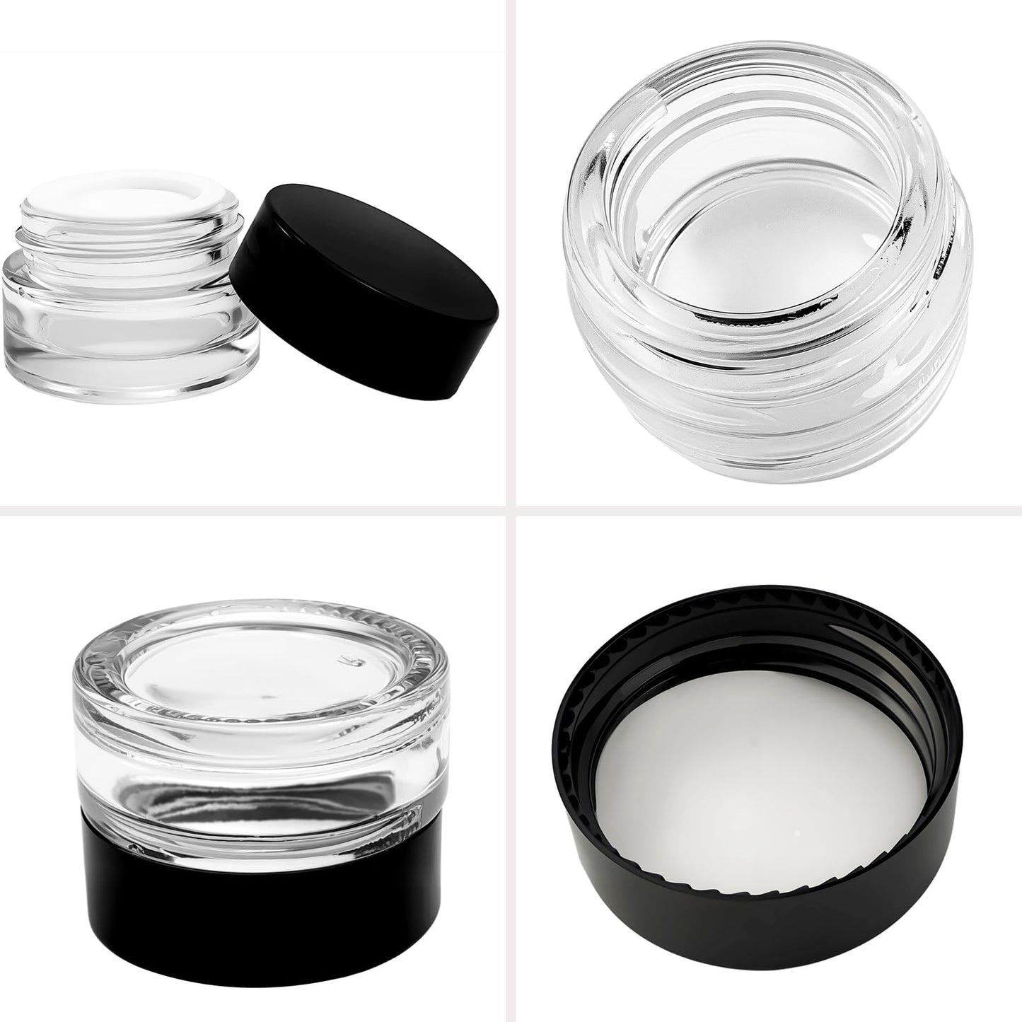 Seuqhck 90 Pack 5ml Small Clear Jars with Black Lids and Spoons, Empty Glass Cosmetic Containers Bulk with Liner Airtight Cream Bottle for Beauty Product Samples, Travel, Lotions, Essences