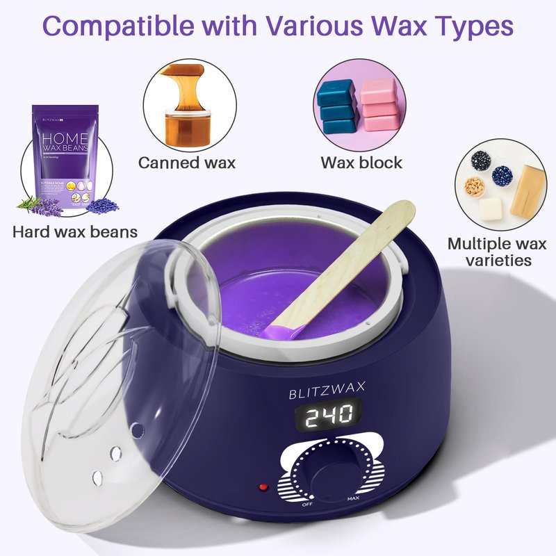 BLITZWAX Single Waxing Pot, Hard Wax Warmer for Face, Legs, Bikini, Brazilian and Body, for 16 oz, At Home Hair Removal Kit, for Men, Beginner Friendly, Quick Heating, Precise Temperature Control