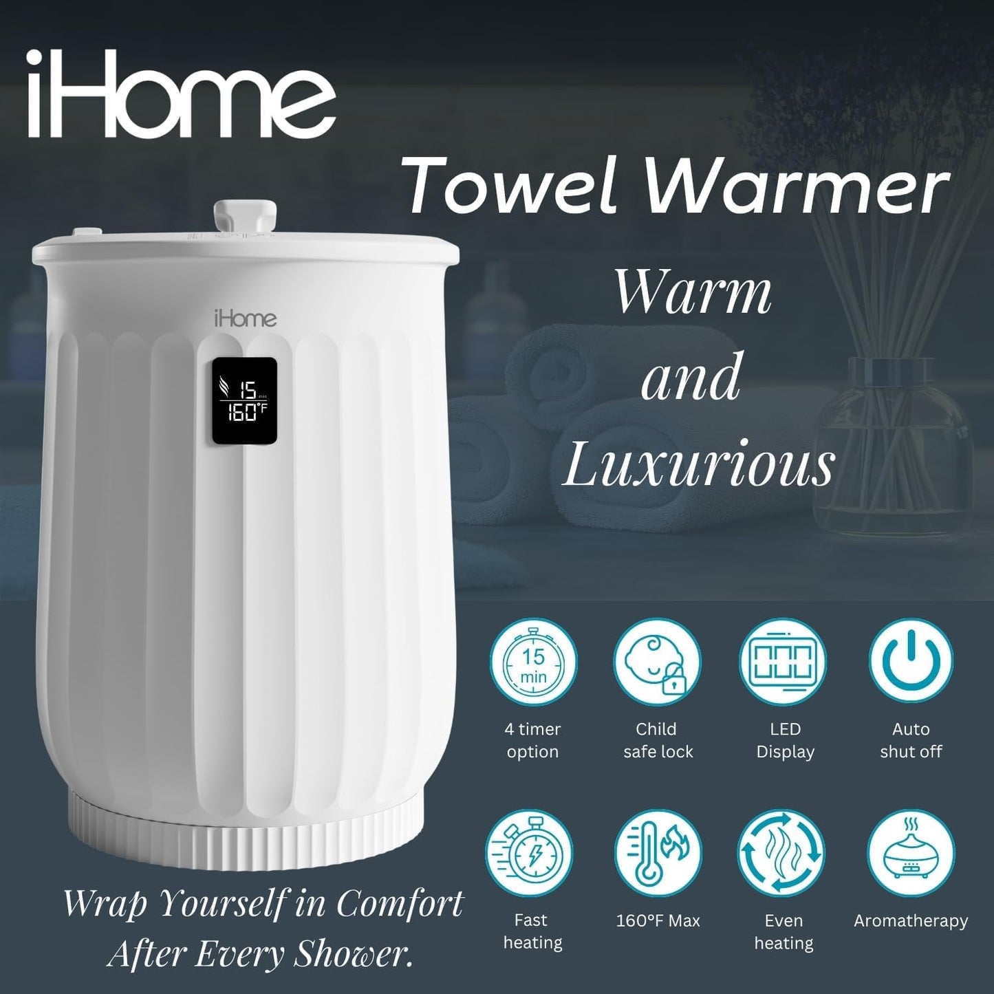 iHome Luxury Towel Warmer - 20L Large Hot Towel Heater with Fragrance Pad Holder | Ideal for Spa, Blankets & Bathroom Use