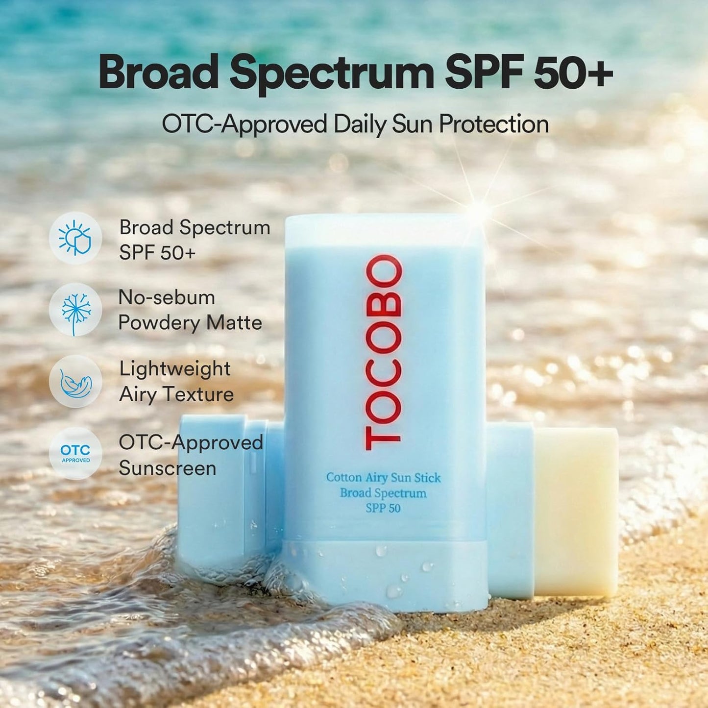 Cotton Airy Sun Stick SPF 50 - Korean Matte Sunscreen for Face | Travel Size, Vegan, 0.67 oz