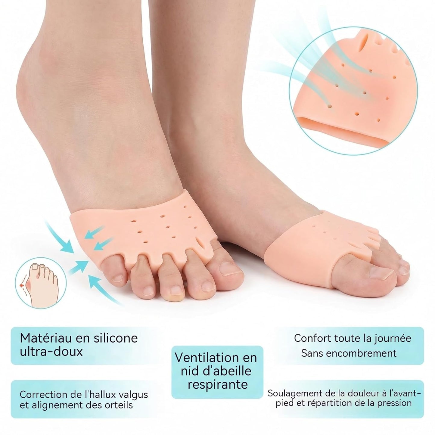 Toe Separators for Hallux Valgus Relief | Silicone Toe Straightener & Spacer - Available in White, Azure, Red, Clear