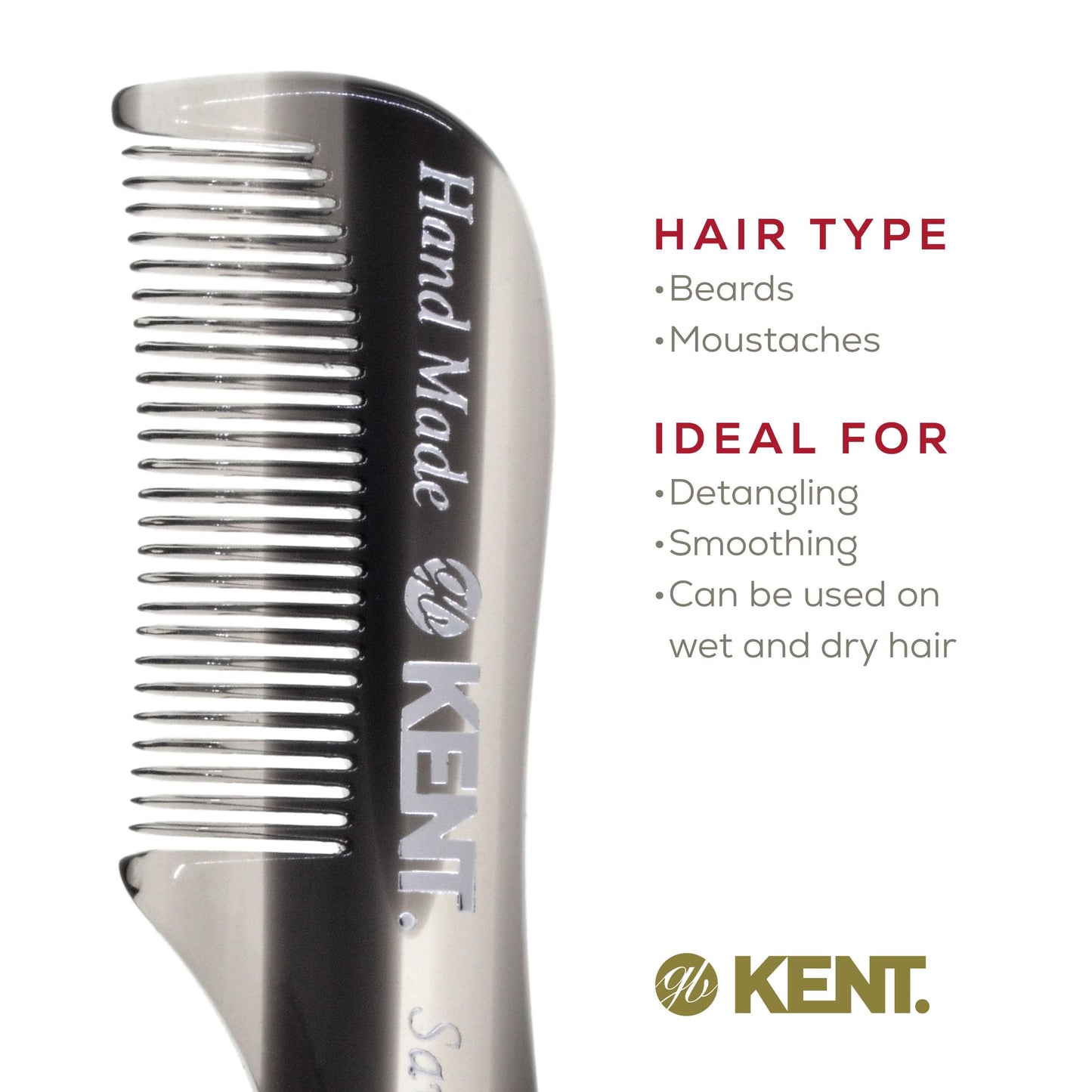 Kent A 81T Graphite X-Small Gentleman's Beard and Mustache Pocket Comb, Fine Toothed Pocket Size for Facial Hair Grooming and Styling. Saw-cut of Cellulose Acetate, Hand Polished. Hand-Made in England