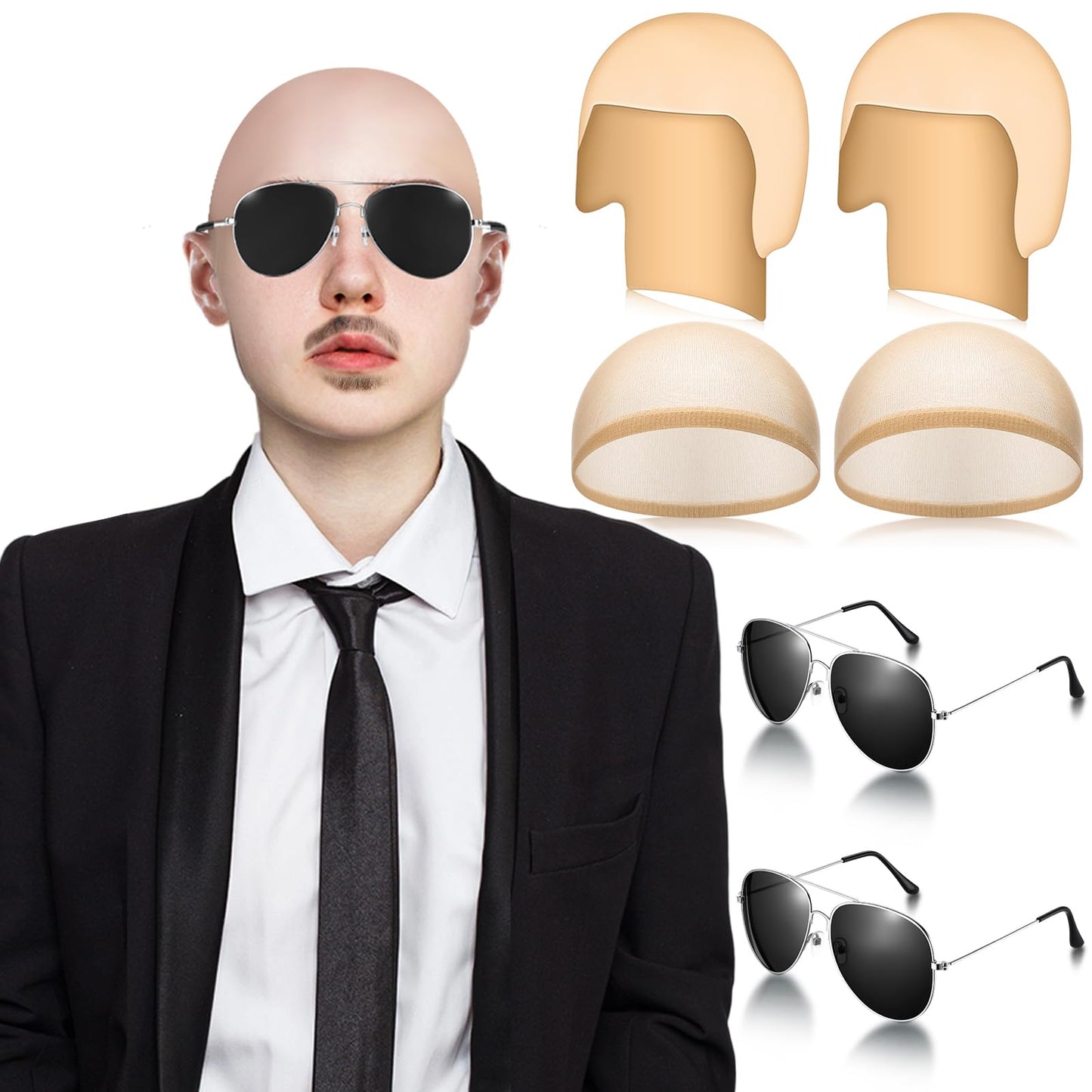 Mepase 6 Pcs Halloween Bald Head Cap with Glasses Bald Wig Cap Party Costume Accessories for Adults Women Men Cosplay(Smooth,Classic)