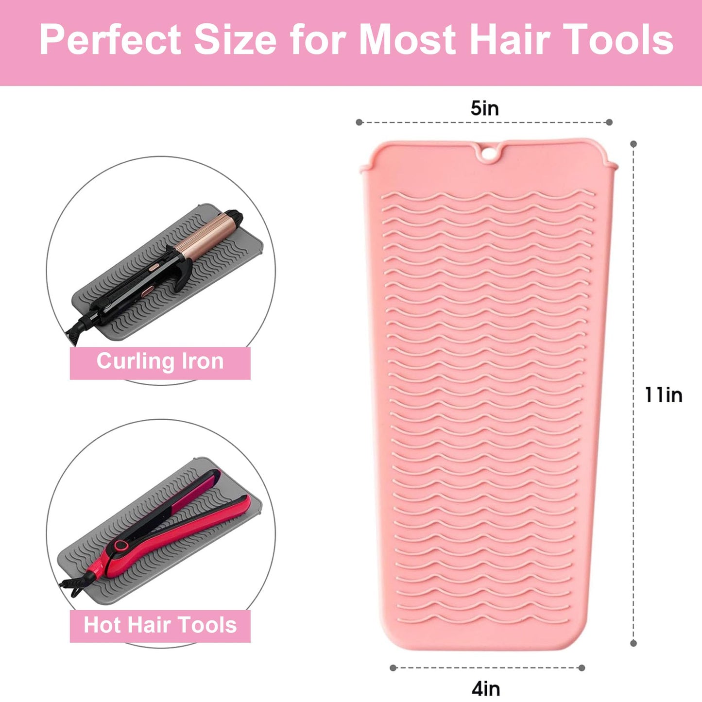 Heat Resistant Silicone Mat and Holder for Hair Tools, Curling Iron and Flat Iron Mat Pad, Portable Travel Pouch Case and Countertop Protector for Hair Styling Tools Pink
