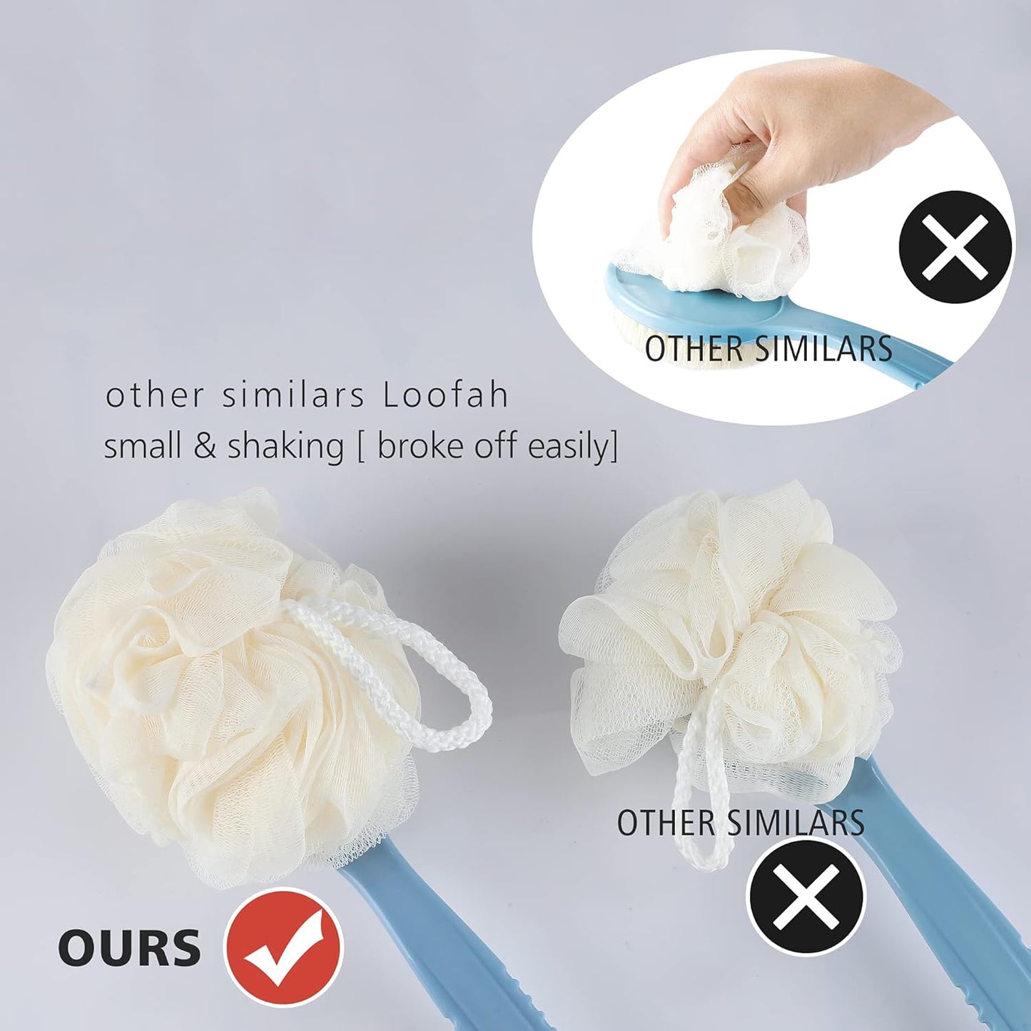 Shower Body Brush - Exfoliating Back Scrubber with Curved Handle | Dual Bristles & Loofah for Wet/Dry Use - Blue