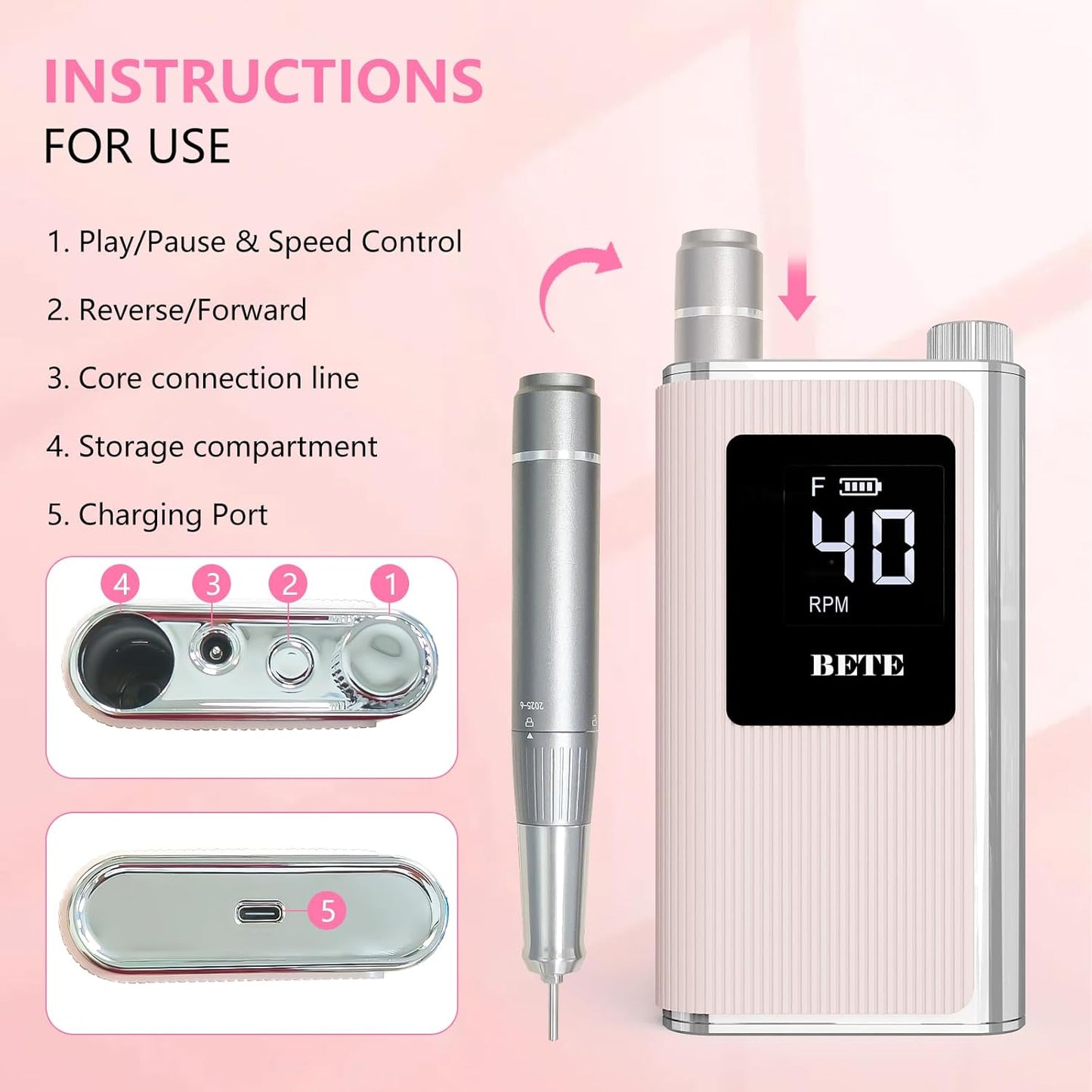Professional Nail Drill - 40000 RPM Cordless Electric Nail File Kit with 6 Bits | Rechargeable Efile for Acrylic Gel Nails, Pink