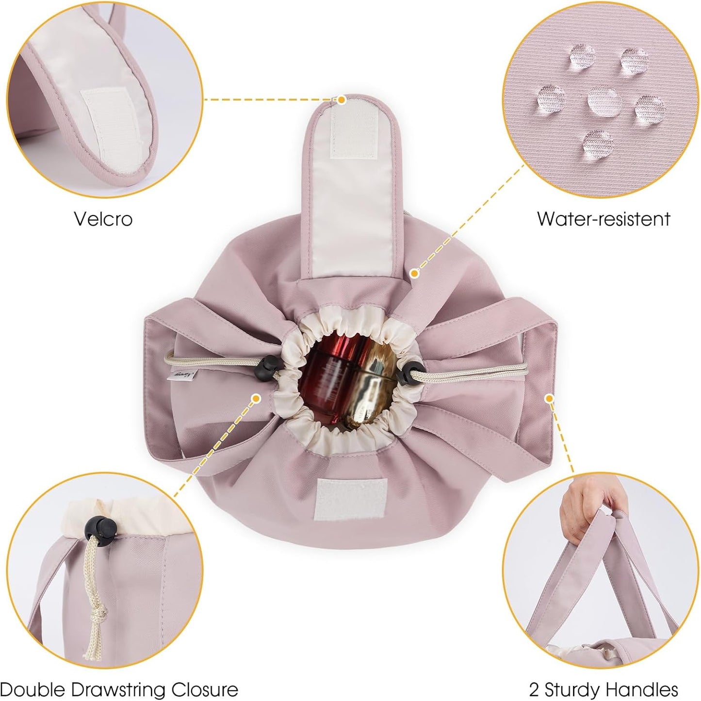 Large Pink Barrel Drawstring Makeup Bag - Stylish Cosmetic Organizer for Toiletries | Dusty Rose Color