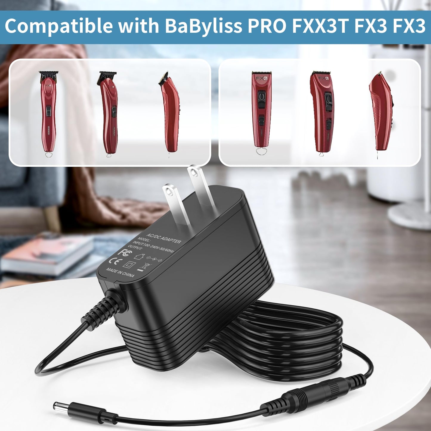 Charger for BaByliss PRO FX3 FXX3T Cordless Hair Trimmer, 12V Adapter Compatible with BaByliss PRO FX 3 FXX3C FX3C FX 3C for BabylissPro DSA-12PF09-12FUS 120100 (R) (T) Charger Adapter