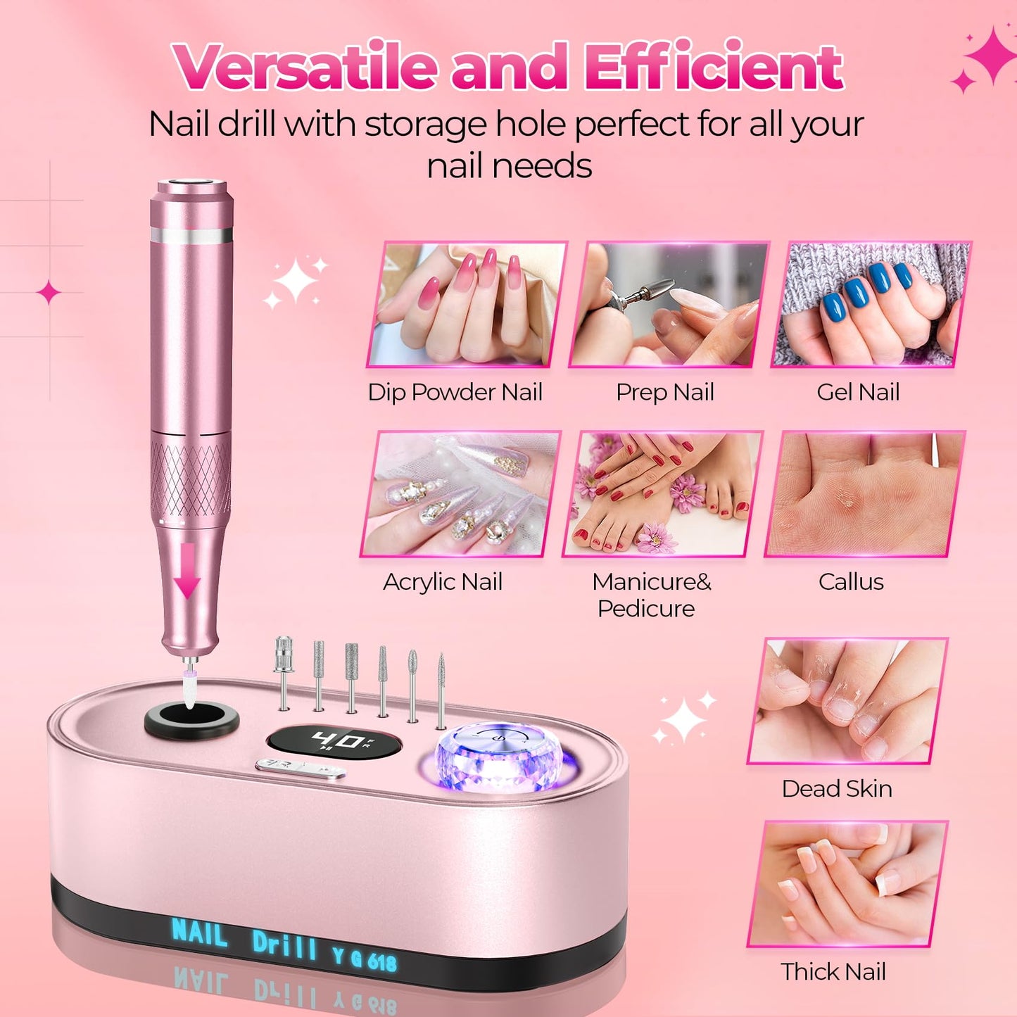 GOLEEXU Nail Drill Electric File: 40000RPM Professional E File Kit E File Machine Filer for Shaping, Buffing, Removing Acrylic Gel Nails, Manicure Pedicure Kit with 12Pcs Nail Bits, Home Salon Use