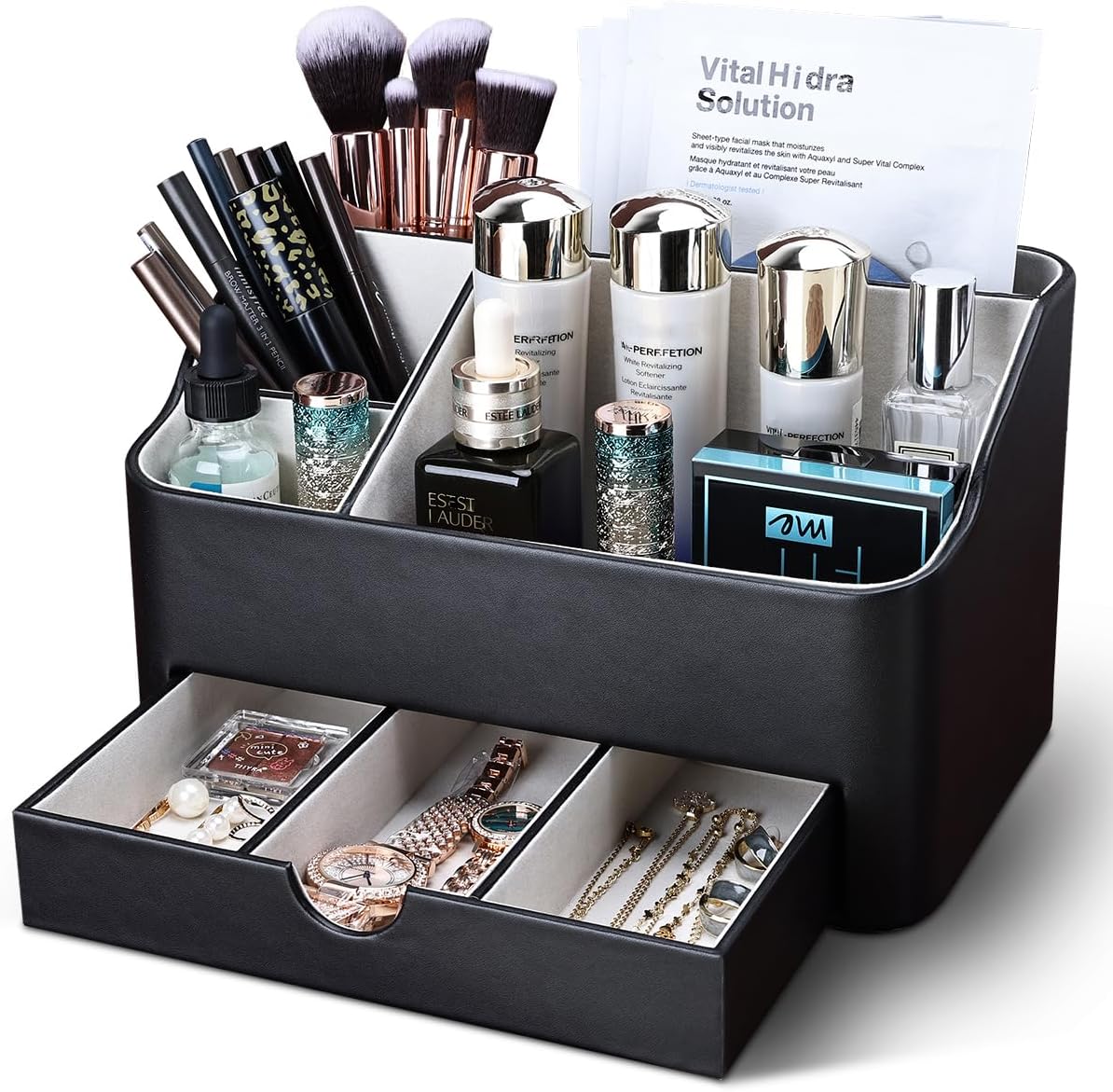 Leather Makeup Organizer - Stylish Cosmetic Storage with Drawer | Dresser & Vanity Organizer for Lipstick, Brushes & Skincare (Black)
