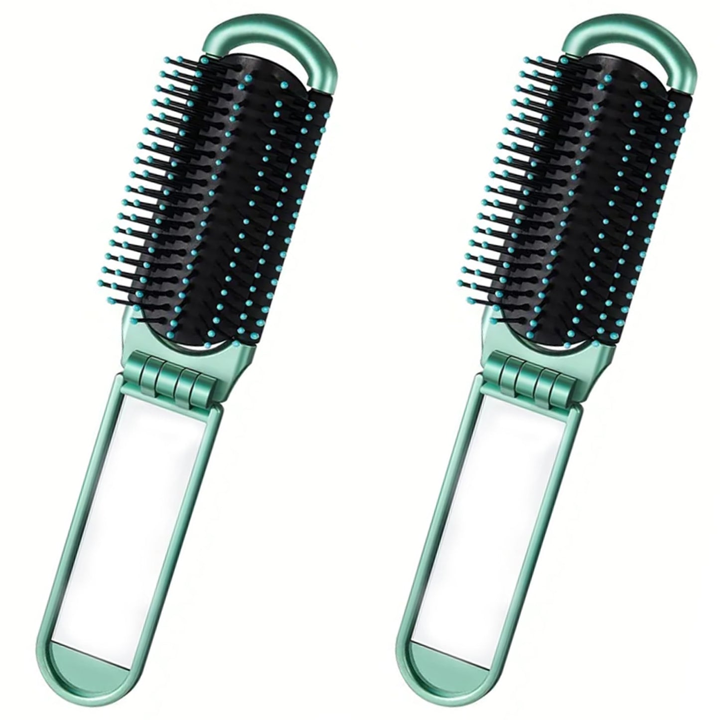 Folding Hair Brush with Mirror for Women and Girls 2Pcs, Mini Pocket Comb with Soft Nylon Bristles, Compact Travel Tool for Purse, Small Portable Hair Styling Accessory On the Go Styling Green