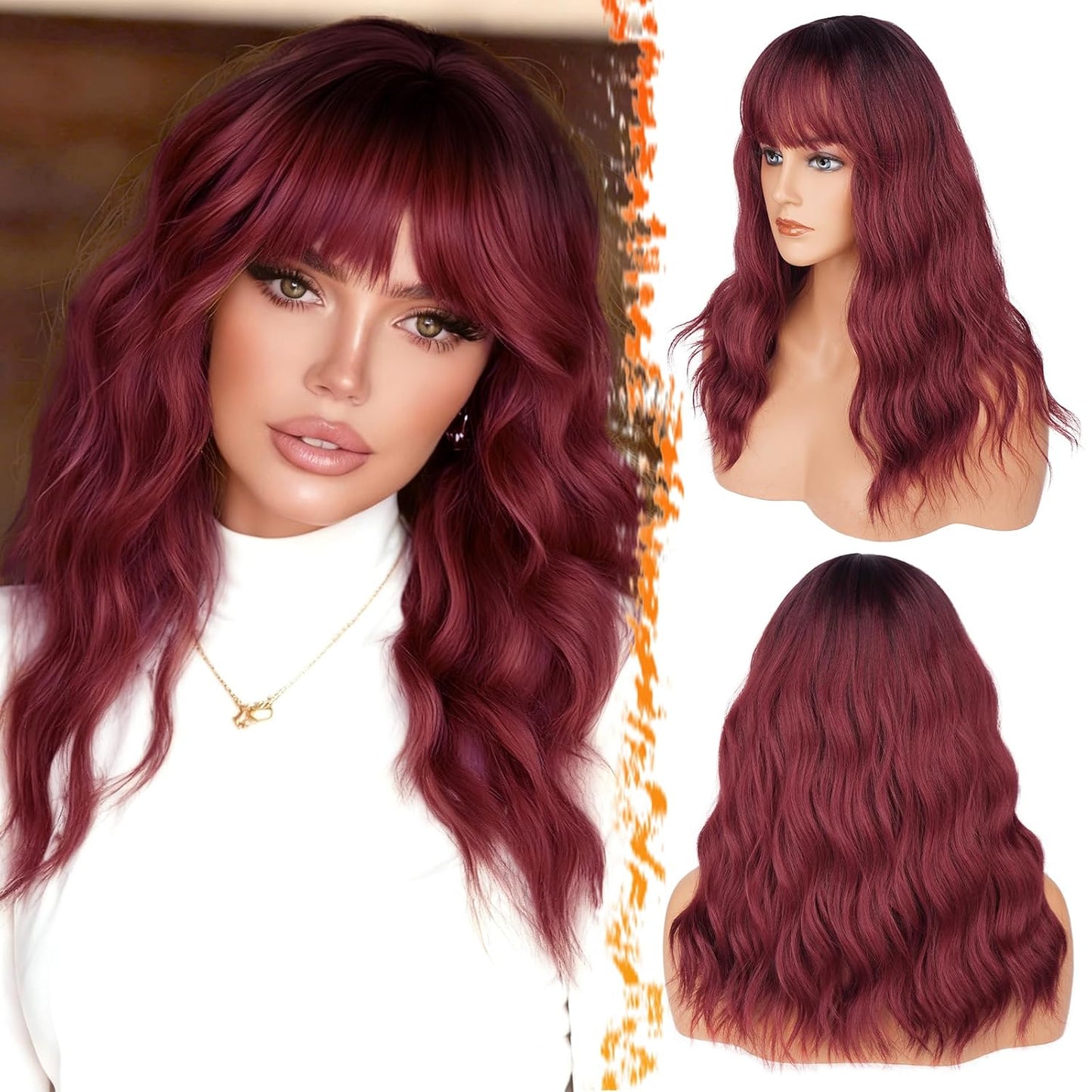 Long Wavy Blonde Curtain Bangs Wig - 26" Synthetic Ombre Wig with Dark Roots | Soft Natural Look