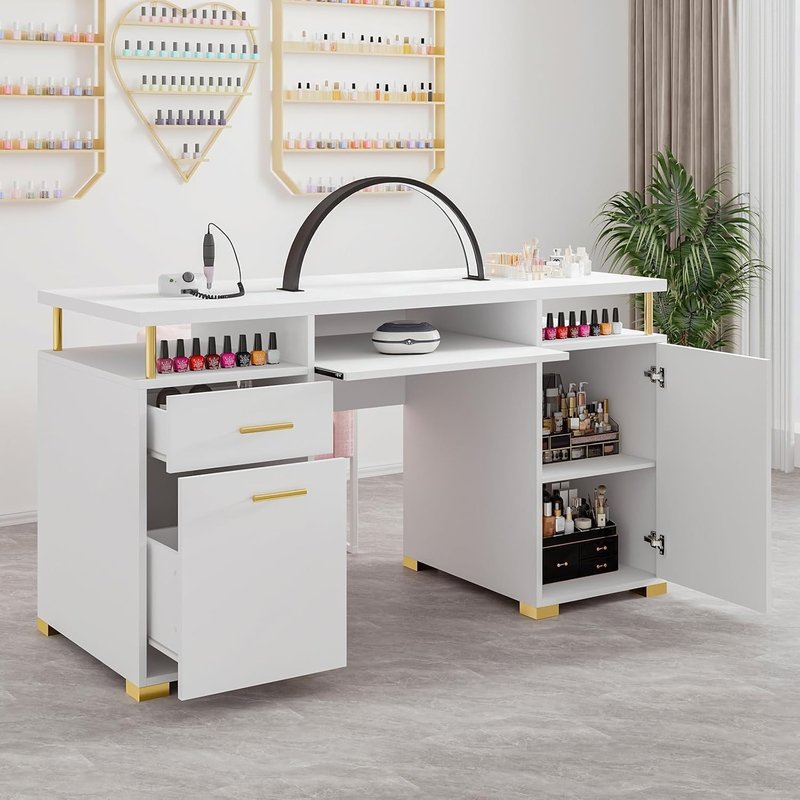 White Nail Desk for Nail Tech | 55-Inch Manicure Table with 2 Drawers & Adjustable Shelf - Elegant White & Gold Design