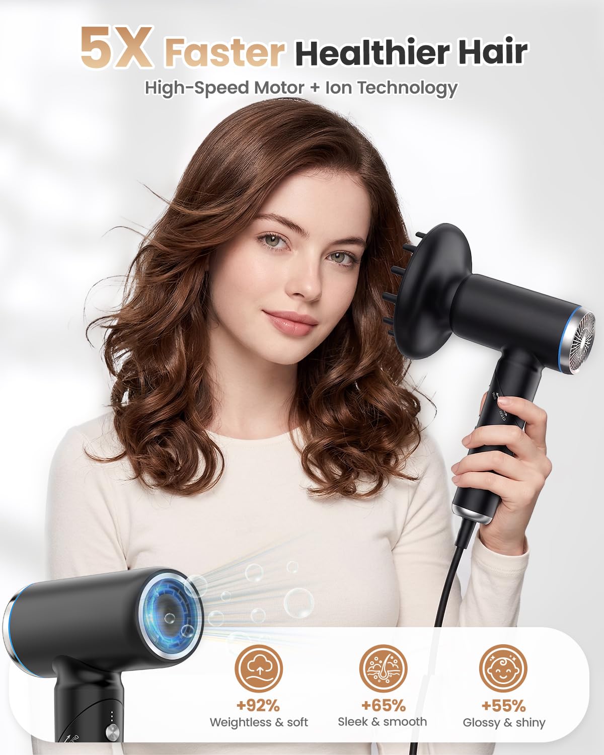 Travel Hair Dryer Dual Voltage for Europe Foldable, High Speed Ionic Blow Dryer Fast Drying,100-240V Portable Dryers with Magnetic Nozzles,1300W-black