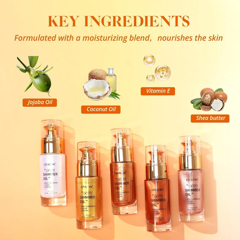 Liyalan Shimmer Body Oil - Glow Enhancing Highlighter | 1.0 fl. oz, Gold (#02)