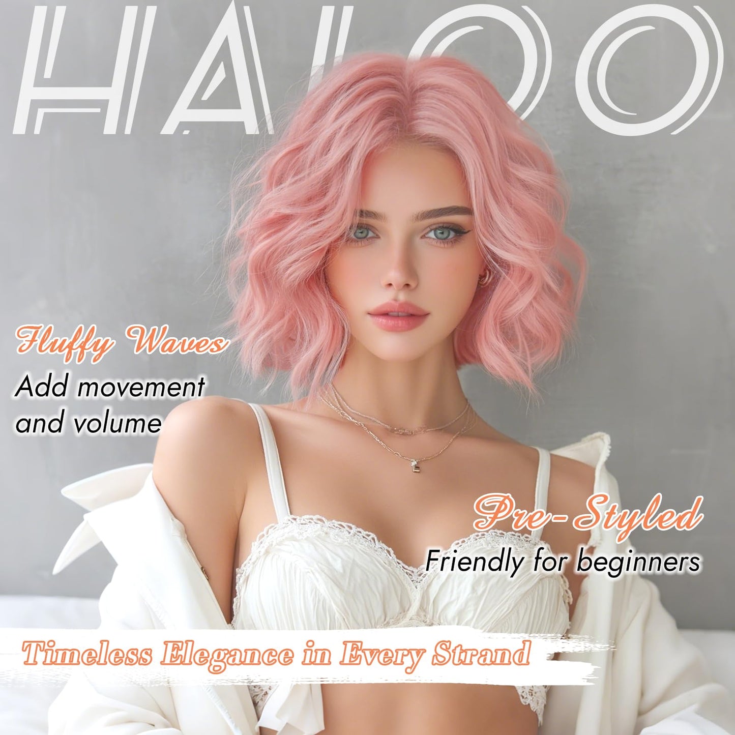 Haloo Pink Bob Wig for Women Lace Front Hairline Short Soft Wavy Curly Natural Looking Middle Part Synthetic Hair Wigs for Daily Party, 11 Inch