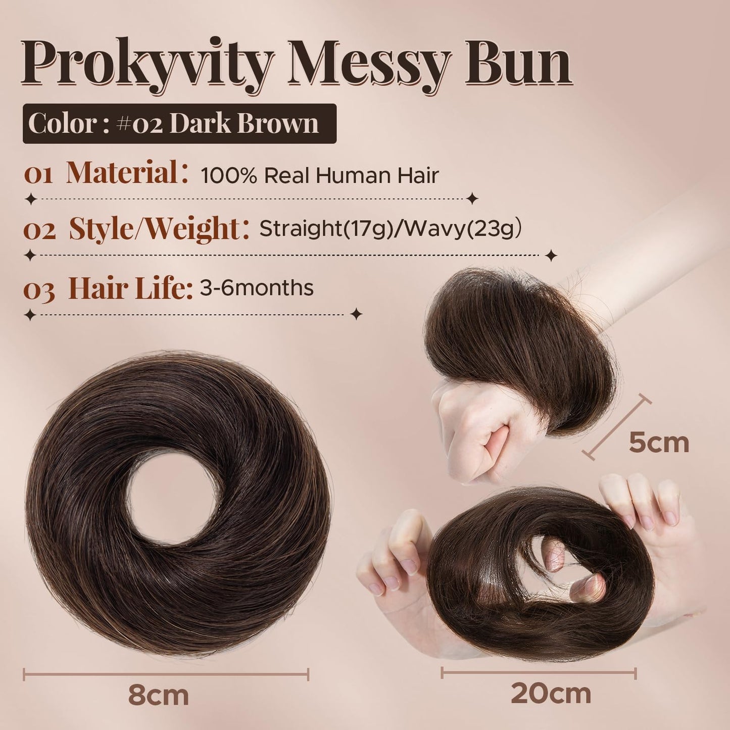 prokyvity Messy Bun Hair Piece Human Hair, Human Hair Messy Bun Hair Piece for Women,100% Real Hair Bun Wig,Invisible Light and Soft Straight-02 Dark Brown