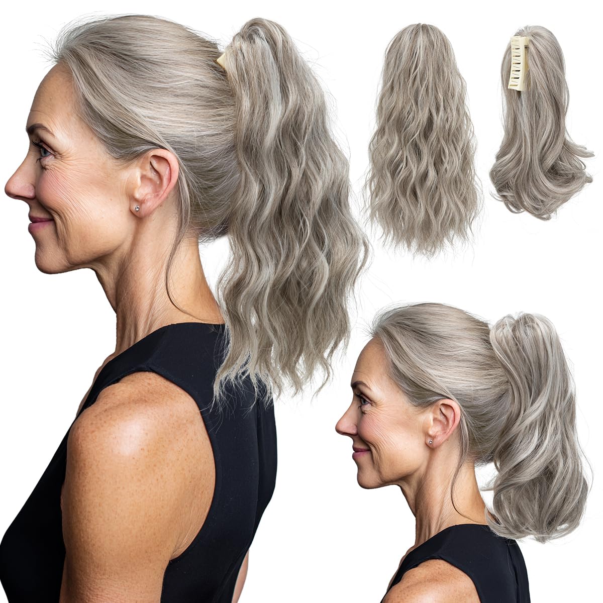 Ponytail Extensions - Wavy Curly Claw Clip Hairpieces for Women | 12" & 14" Beige Multi Set