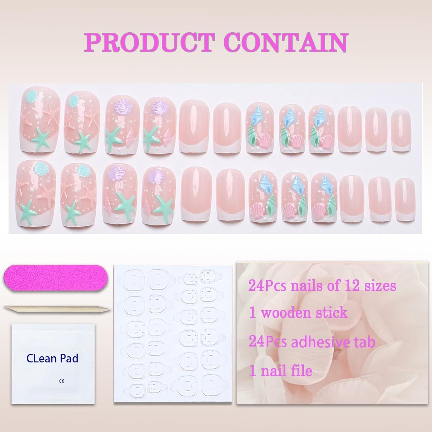 Press On Nails - Short Square Beach Design with Starfish & Shells | 24 Pcs Full Cover Acrylic Fingernails for Women