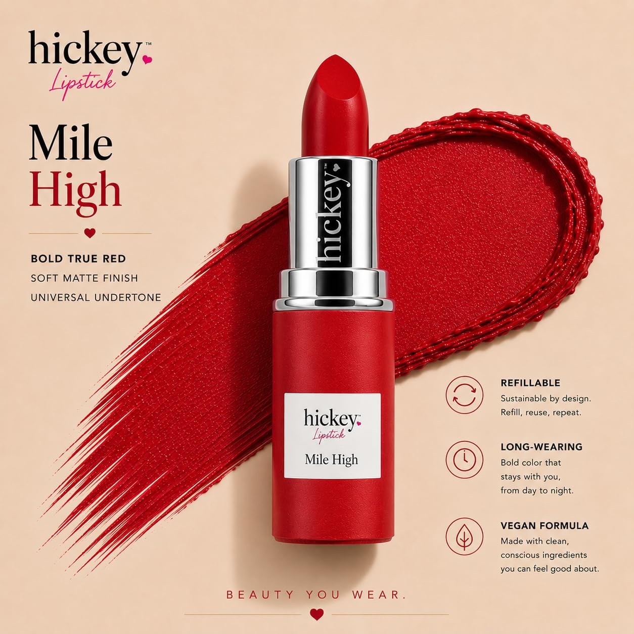 Hickey Lipstick Mile High Organic Perfect Red Lipstick Refill - Long Lasting Lipstick for Women - Hydrating & Moisturizing Shade, Best Lip Color for Women, Gluten-Free & Vegan with Highly Pigmented