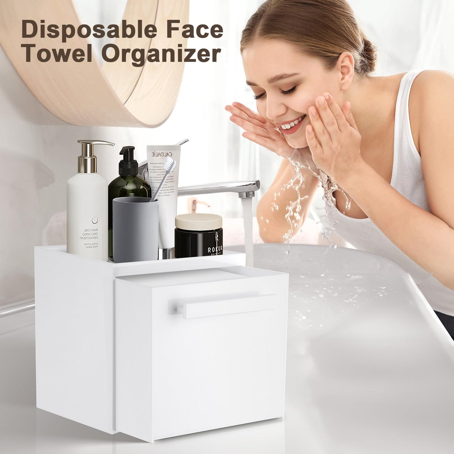 TAINESS Disposable Face Towel Storage Box Compatible with Clean Skin Club Clean Towel XL Acrylic Facial Towels Holder with Drawer Wall-Mounted Makeup Organizer for Vanity, Bathroom (Glossy White)