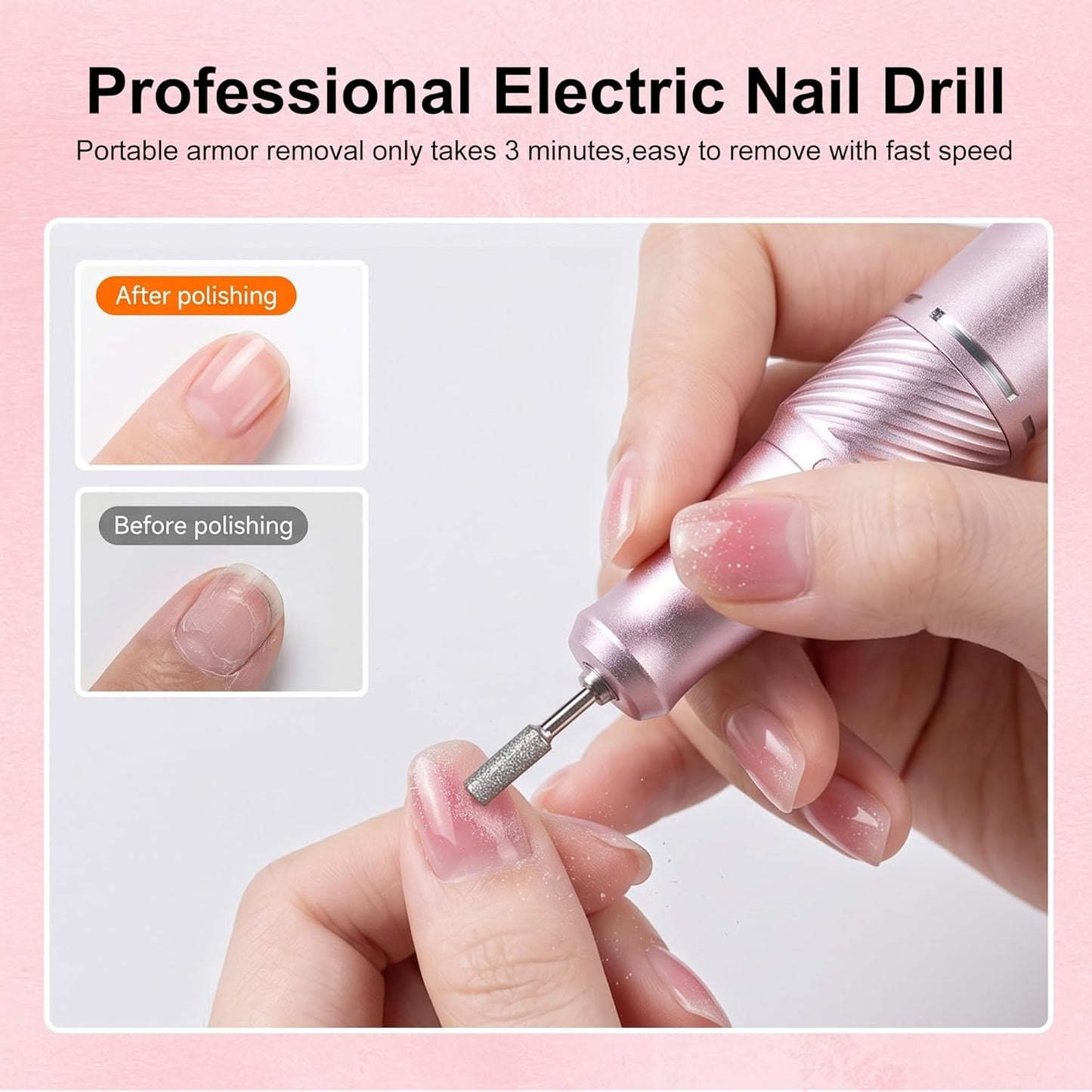 Cordless Electric Nail Drill - Professional Rechargeable Nail File Machine for Acrylic & Gel Polish | Portable Pink Manicure Kit