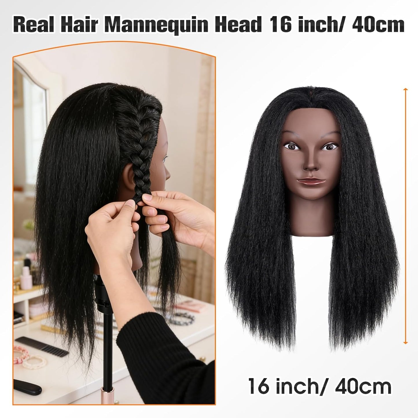 Mannequin Head - 100% Human Hair Cosmetology Training Doll for Hair Styling | 16-Inch with Clamp Holder (Black)