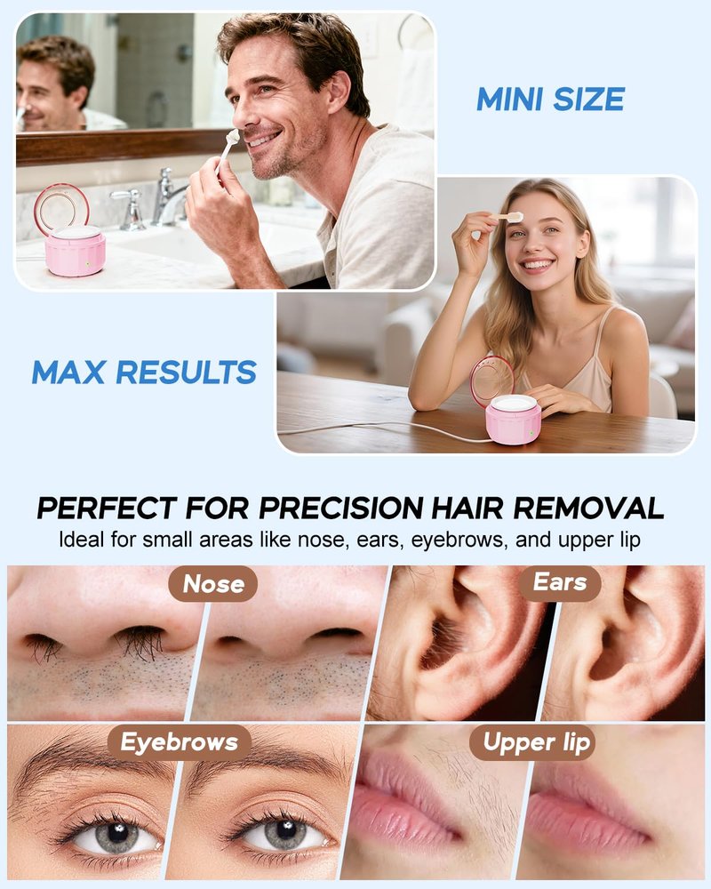 Nose Hair Wax Kit, Mini Waxing Kit for Women Men with 100g Beads, 10 Applicators, 10 Nose Hair Sticks, Protable Wax Warmer Machine for Hair Removal, Ear Eyebrow Waxing Kit for Home Travel Use - Pink